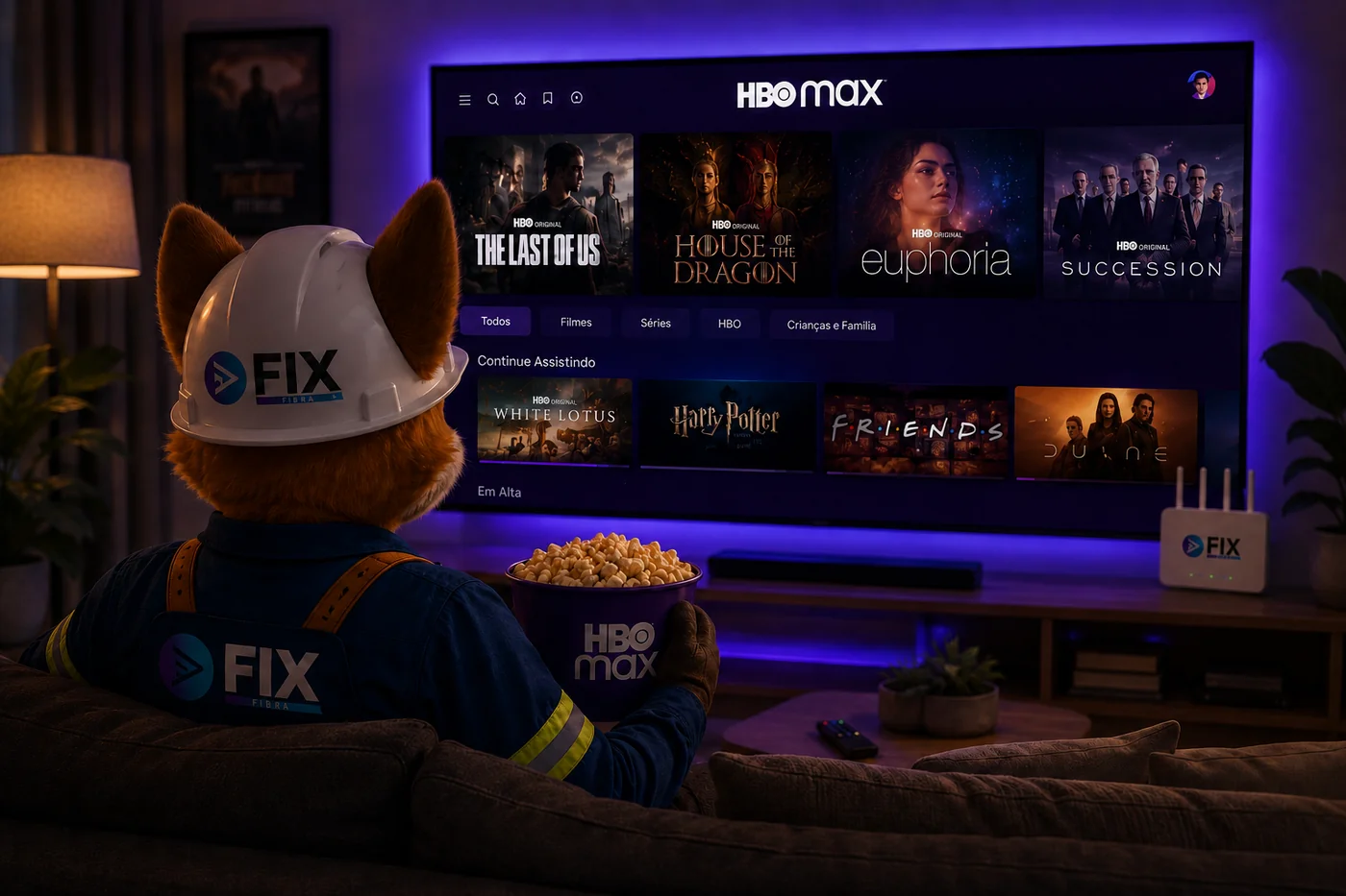 Mascote assistindo TV com conteúdo Fix Play