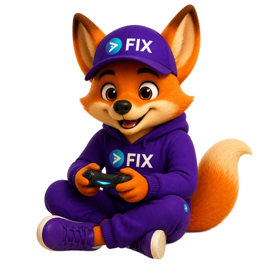 Mascote Fix jogando videogame