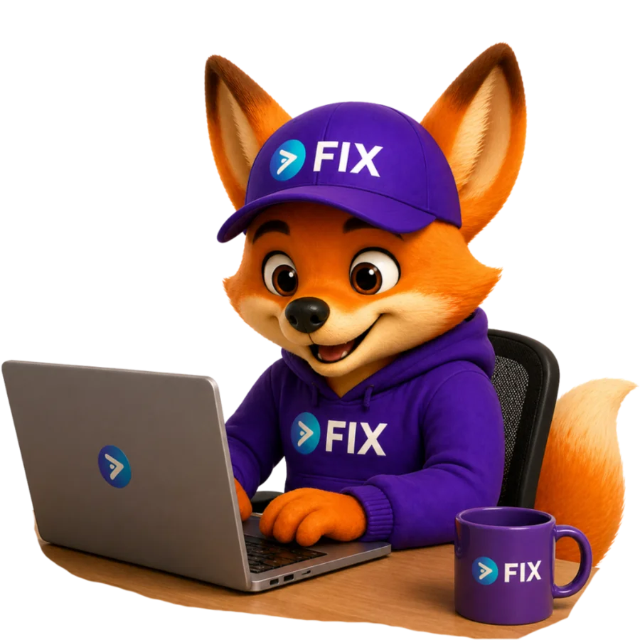 Mascote Fix trabalhando no notebook