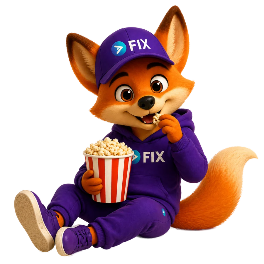 Mascote Fix comendo pipoca assistindo